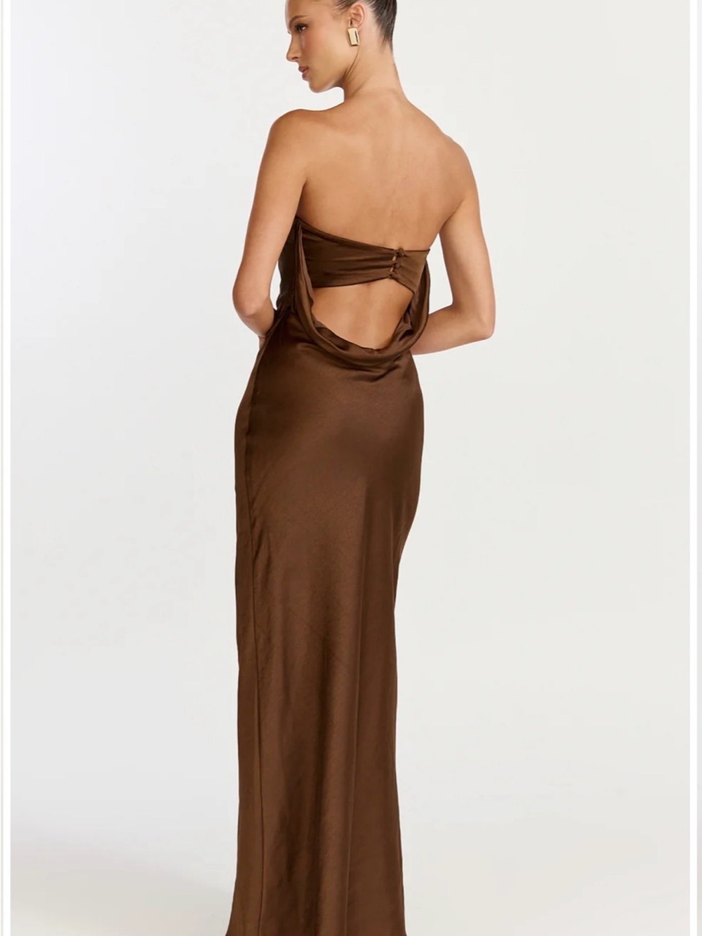 Showpo Strapless Brown Satin Open-Back Evening Gown